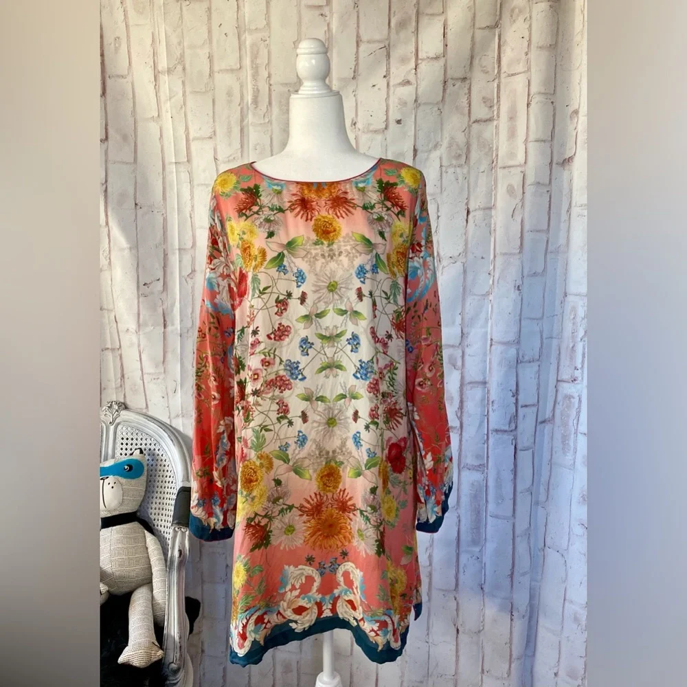 Johnny Was Coral Floral Silk Tunic with Teal & Cream Accents - Picture 3 of 16